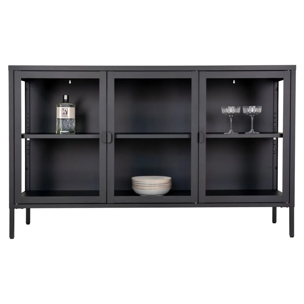 Brisbane skjenk 3 glassdører sort stål 140x40x85 cm