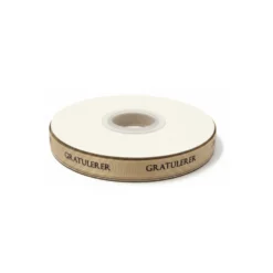 Gavebånd Gratulerer beige med sort tekst 10 mm