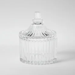 Glasskrukke stripet med lokk 6,5 x 9 cm