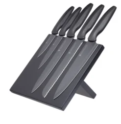 Sett med 5 kniver og magnetisk knivholder sort